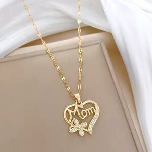 18K Gold Mom Heart Butterfly & Pave Diamond Inlay Pendant Necklace Mother’s Day